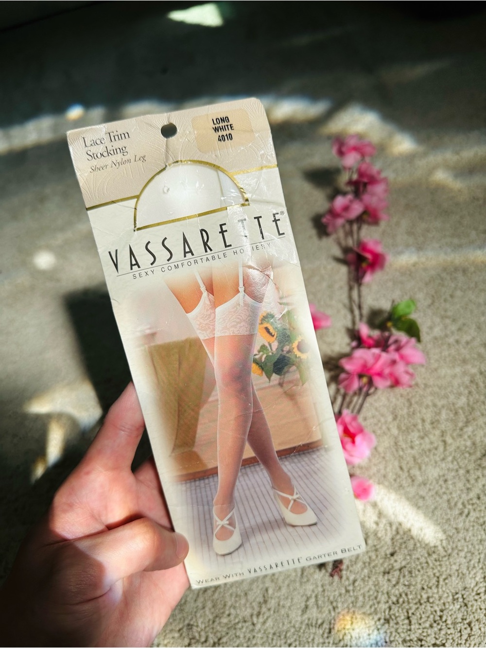 vassarette White Lace Trim Sheer Stockings